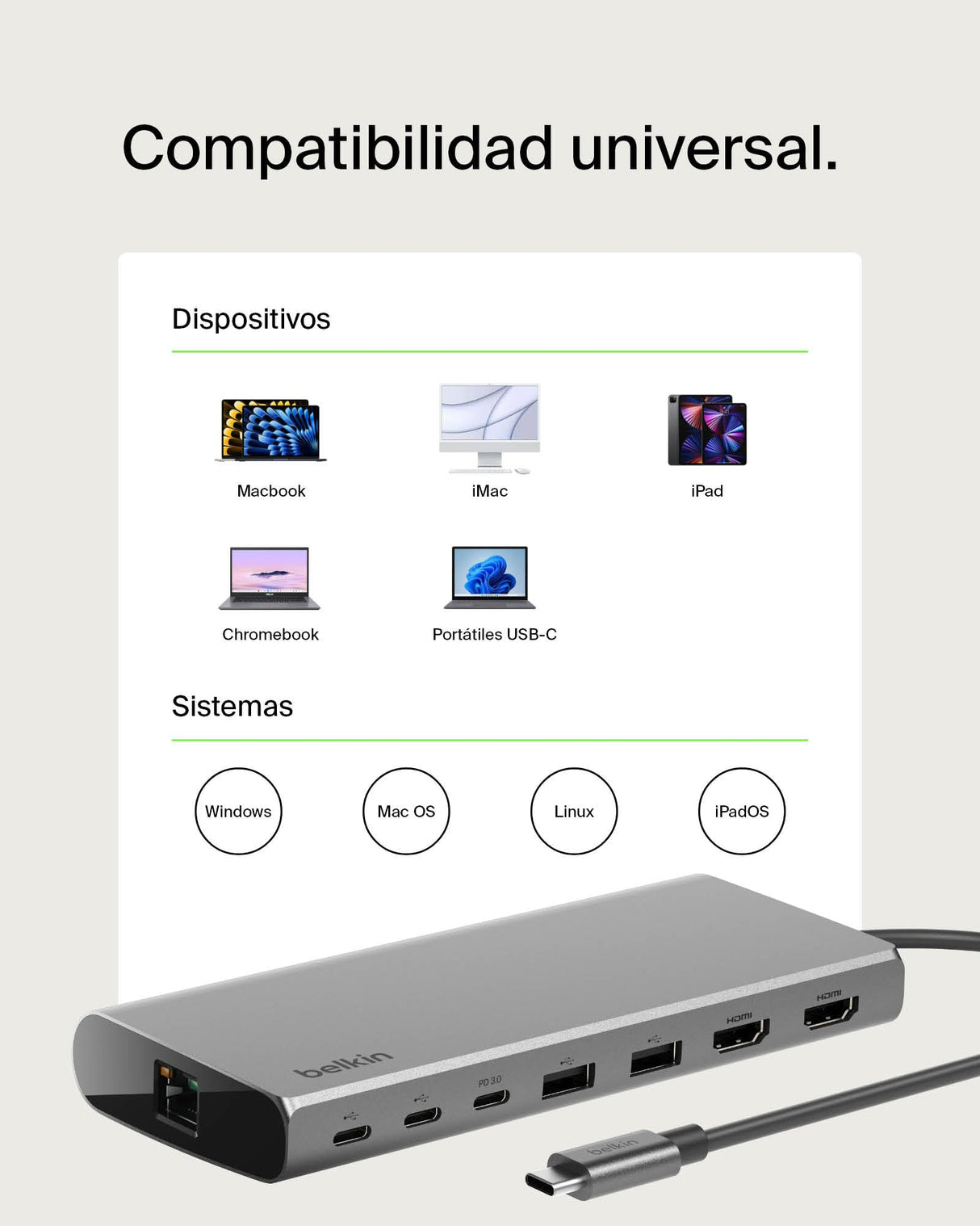 Belkin Core Connect hub USB-C de 8 Puertos, Dos Pantallas, Silicon Motion, concentrador multipuerto para Mac, Windows y Chromebook, Adaptador de Carga PD a 100 W, 10 Gbps y 1GbE Ethernet, Plateado