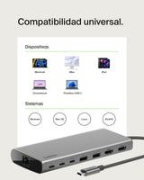 Belkin Core Connect hub USB-C de 8 Puertos, Dos Pantallas, Silicon Motion, concentrador multipuerto para Mac, Windows y Chromebook, Adaptador de Carga PD a 100 W, 10 Gbps y 1GbE Ethernet, Plateado