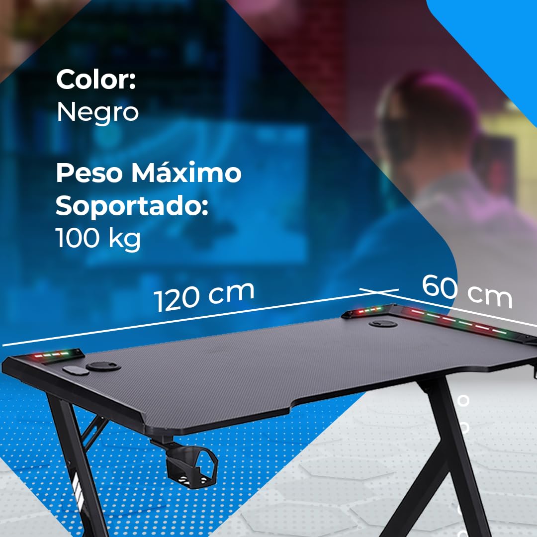 NK Mesa Escritorio Gaming con LED (120x60cm) - Portavasos y Botellas, Soporte Auriculares/Cascos, Gestión de Cables, Gaming Desk, Tabla 1.5cm (Resistencia) Peso Máximo 100kg (Rosa)