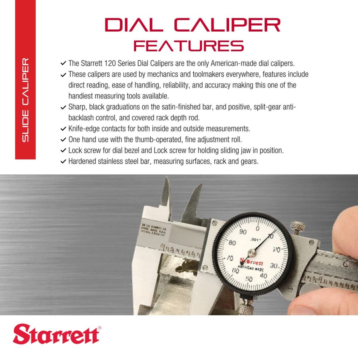 Starrett 120 A-6 Dial Calibre, acero inoxidable, Color blanco, 0 – 6 "Rango, +/-0.001 de rostro" Precisión, 0.001 Resolución
