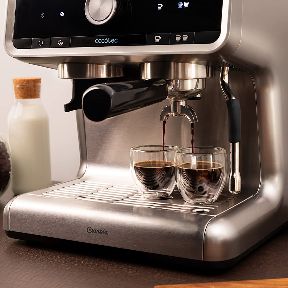 Cecotec Cafetera Express con Brazo con Doble Salida Power Espresso 20 Bares Barista Cream, 1550 W, Depósito de Café en Grano 250g, Molinillo 30 Niveles, Thermoblock, Depósito Agua 2.5 L, Acero Negro