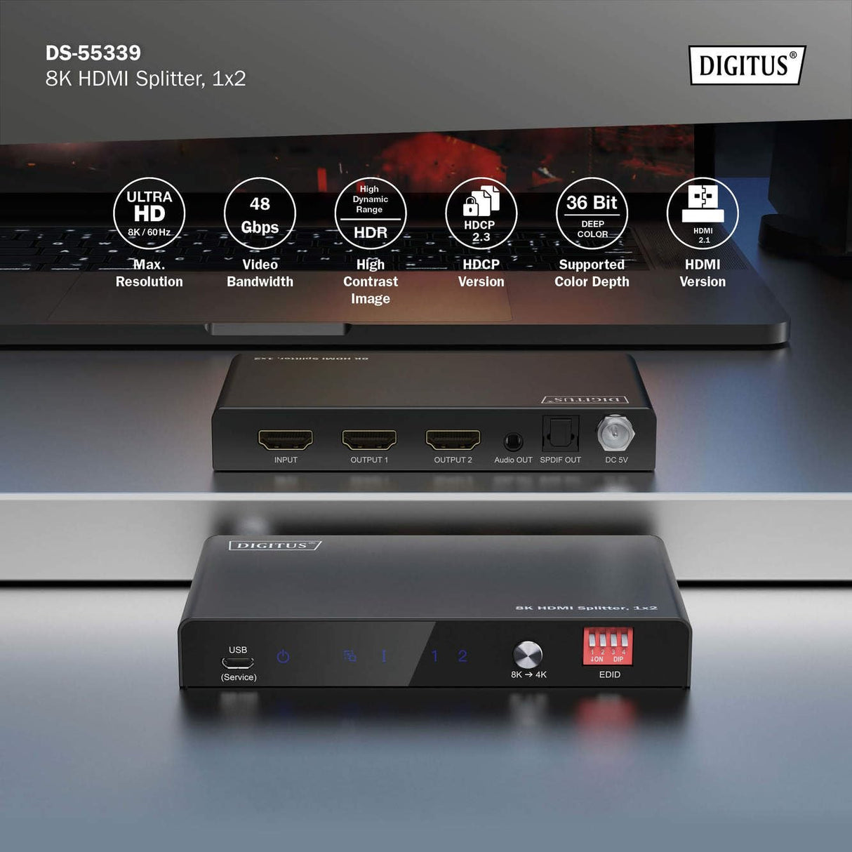 DIGITUS DS-55339 Divisor HDMI 1x2 – Entrada: 1 Puerto/Salida: 2 Puertos – UHD 8K/60 Hz HDTV: 7680 × 4320p – HDCP 2.3 & HDMI 2.1 – HDR, Deep Color, Interruptor EDID – Toslink, Estéreo (3,5 mm)