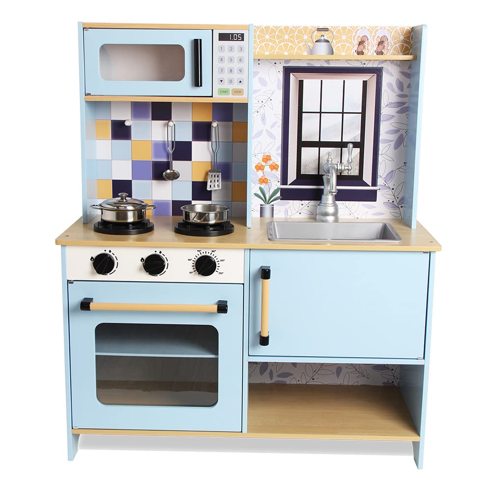 DEQUBE - Cocina de Madera 2 módulos diseño Moderno - Cocina de Juguete con Luces y Sonidos - Contiene Accesorios metálicos para el Juego - Tamaño 72X30X85 cm - Color Azul (913D00013)