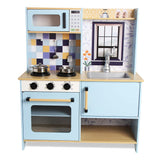 DEQUBE - Cocina de Madera 2 módulos diseño Moderno - Cocina de Juguete con Luces y Sonidos - Contiene Accesorios metálicos para el Juego - Tamaño 72X30X85 cm - Color Azul (913D00013)