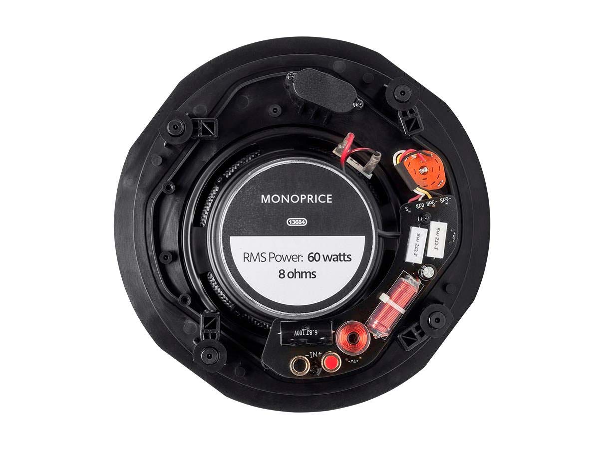 Monoprice Alpha - Altavoces de Techo de 2 vías – 6.5 Pulgadas (par) de Fibra de Carbono, Rejilla magnética pintable, más Fuerte con Menos Potencia, Negro/Blanco