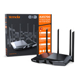 Tenda Router WiFi 6E de Tri-Band AX5700 Gigabit (6GHz: 2402 MBps, 5GHz: 2402 MBps, 2.4GHz: 861 MBps) 5 Antenas 6dBi CPU 1.7 GHz, Ideal para AR/VR/Steam 4K/8K, WiFi 6 Repetidor WiFi+ (RX27 Pro), Negro