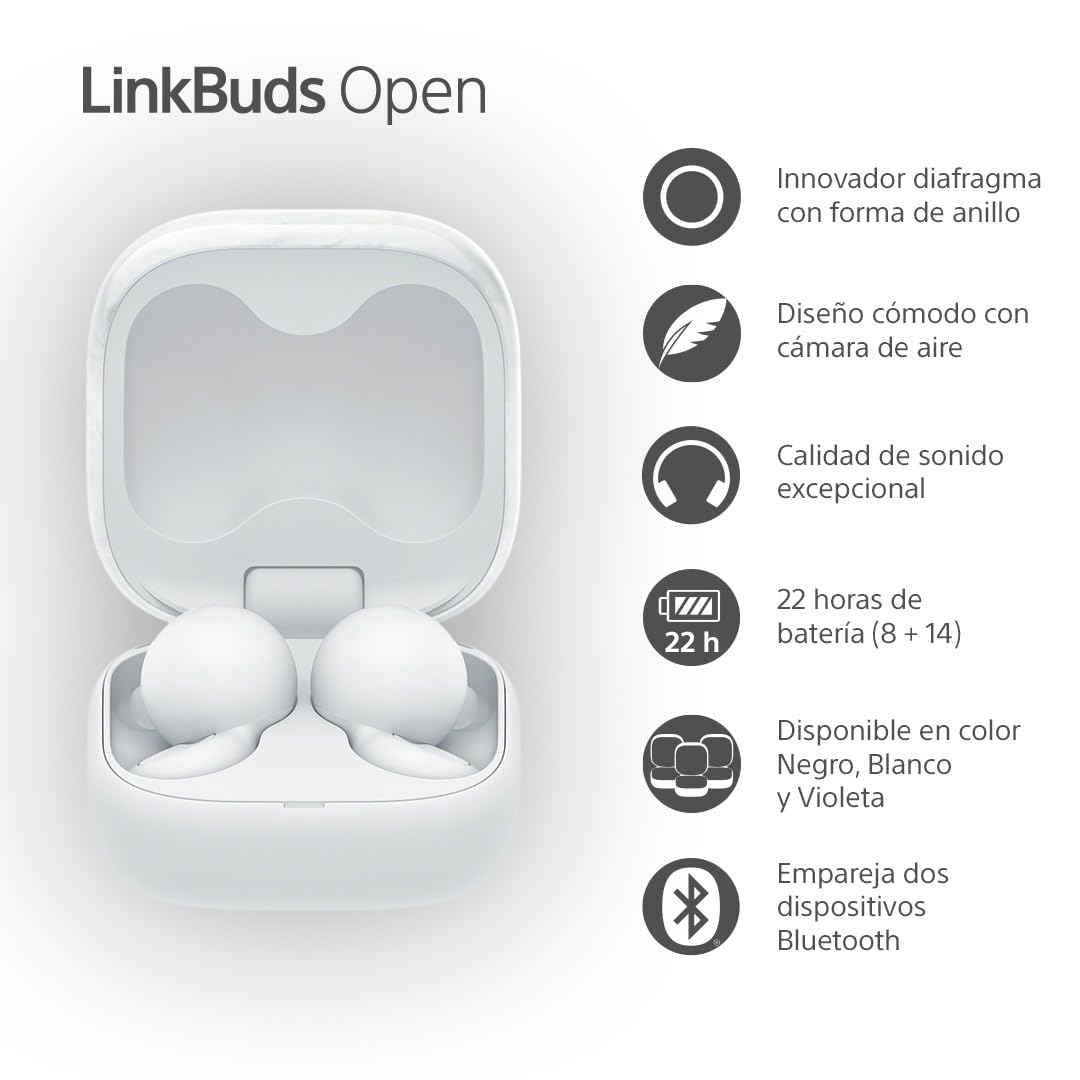 Sony LinkBuds Open – Auriculares Open True Wireless Bluetooth: Sonido Transparente, 4,8 g Comodidad Todo el día, Sonido, conexión multipunto, 22 h de batería, iOS y Android - Blanco