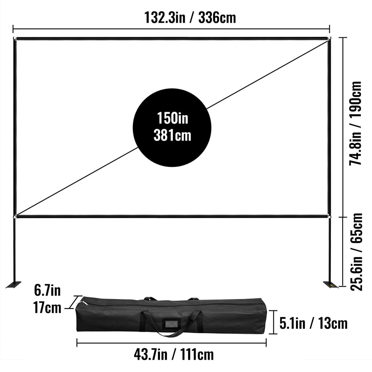 VEVOR Pantalla Proyector 381 cm Pantalla de Proyector con Soporte 347 x 202 cm HD 16:9 Pantalla de Proyección Móvil 160 Grados Pantalla Home Cinema de Tela Oxford 282,7 cm para Casa Oficina Patios
