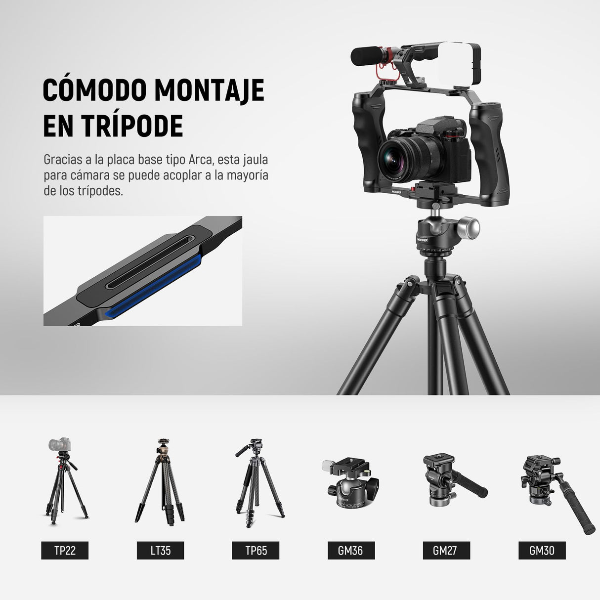 NEEWER Jaula Cámara Video Rig con Placa Liberación Rápida Arca, Empuñadura Dual, Roscas ARRI 3/8" y 1/4", Zapata Fría, Cage Estabilizador Universal Compatible con SmallRig NEEWER Placa Base, CA077