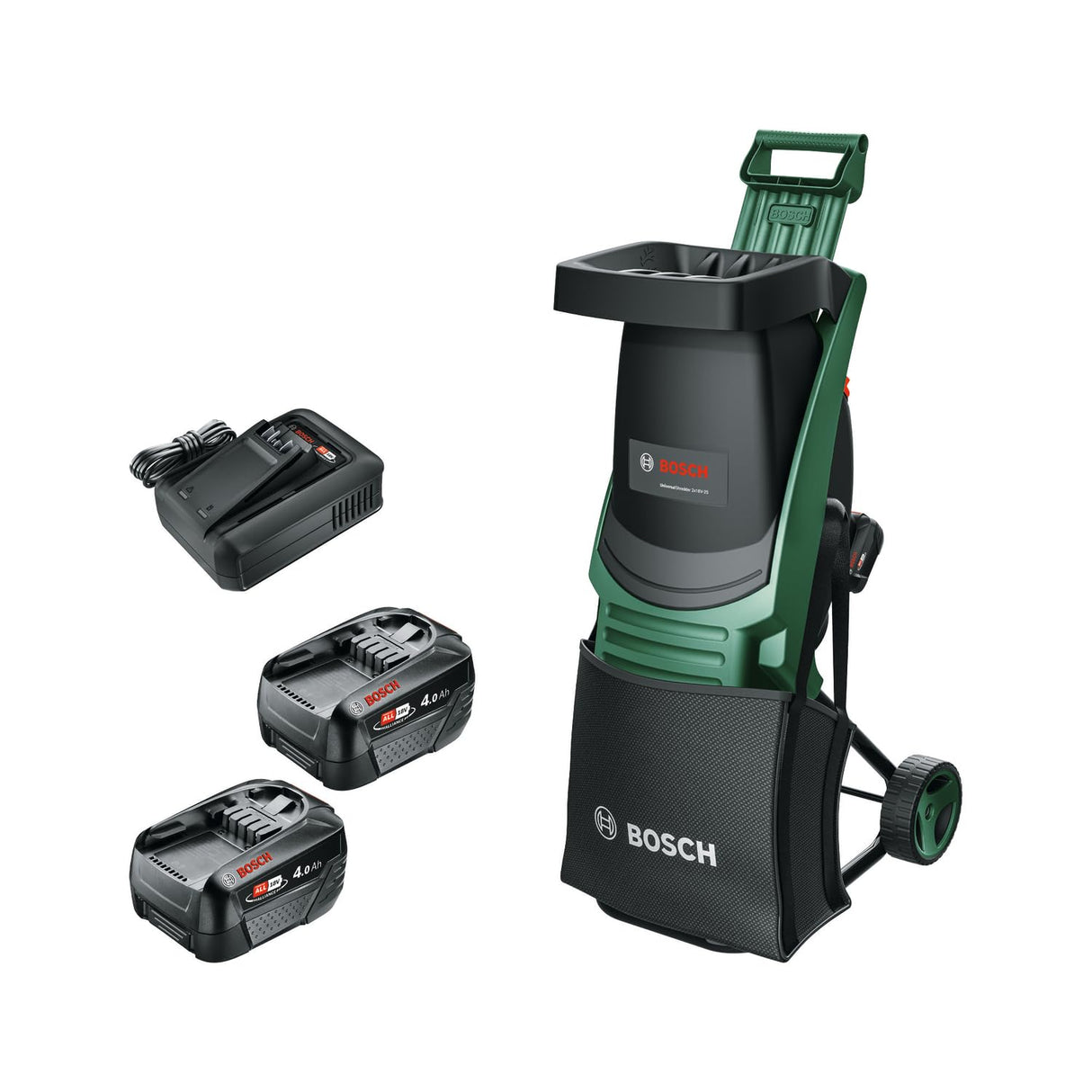 Bosch Trituradora a batería UniversalShredder 2x18V-25 (cuchillas de acero endurecido, corta ramas de hasta 25 mm, motor sin escobillas, incluye 2 baterías de 18V 4.0Ah, bolsa de 28 l, cargador)