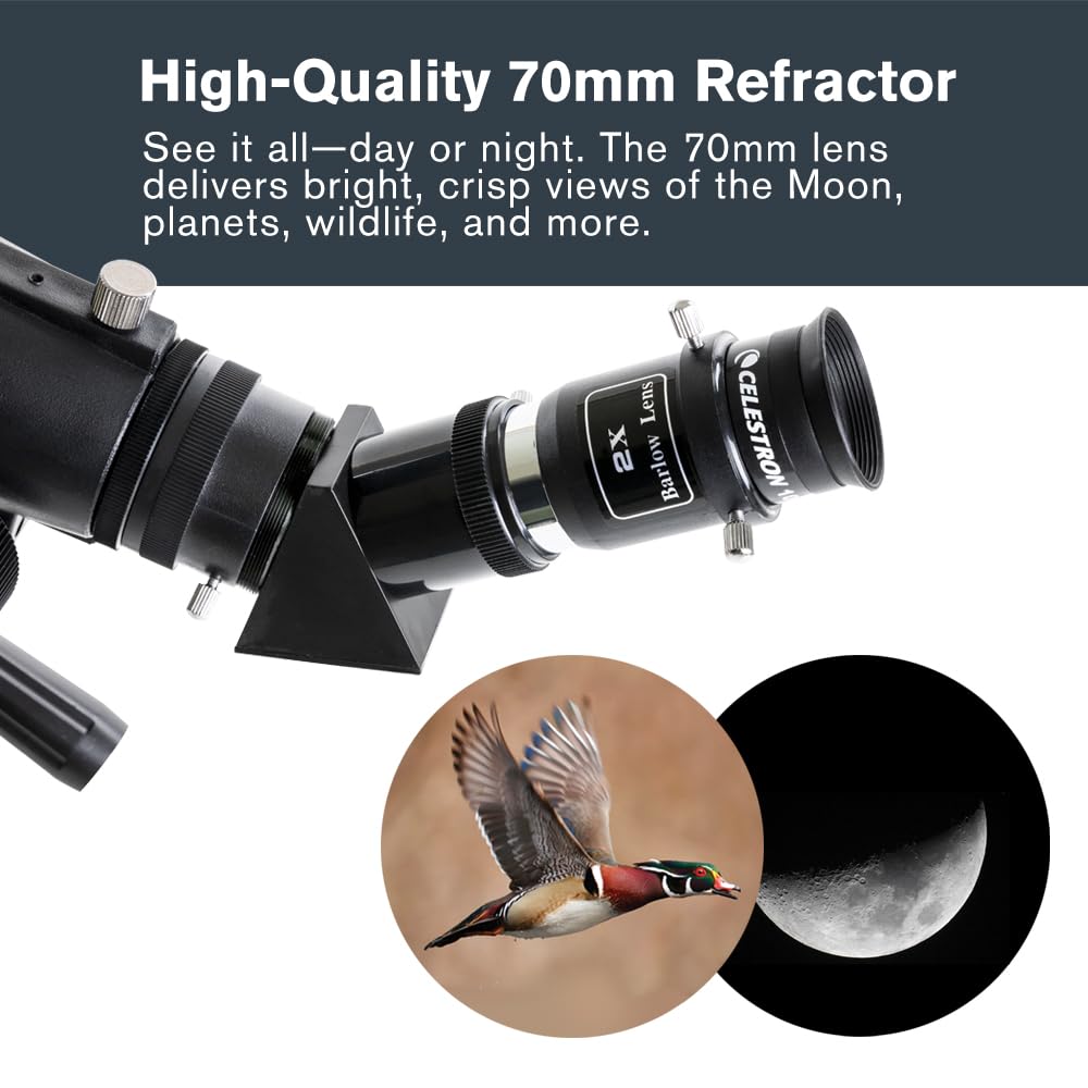 Celestron 22035 Travel Scope DX 70mm: telescopio Refractor portátil con óptica de Vidrio Completamente Revestido, Mochila, Paquete de Software de astronomía y Adaptador de Smartphone para digiscoping