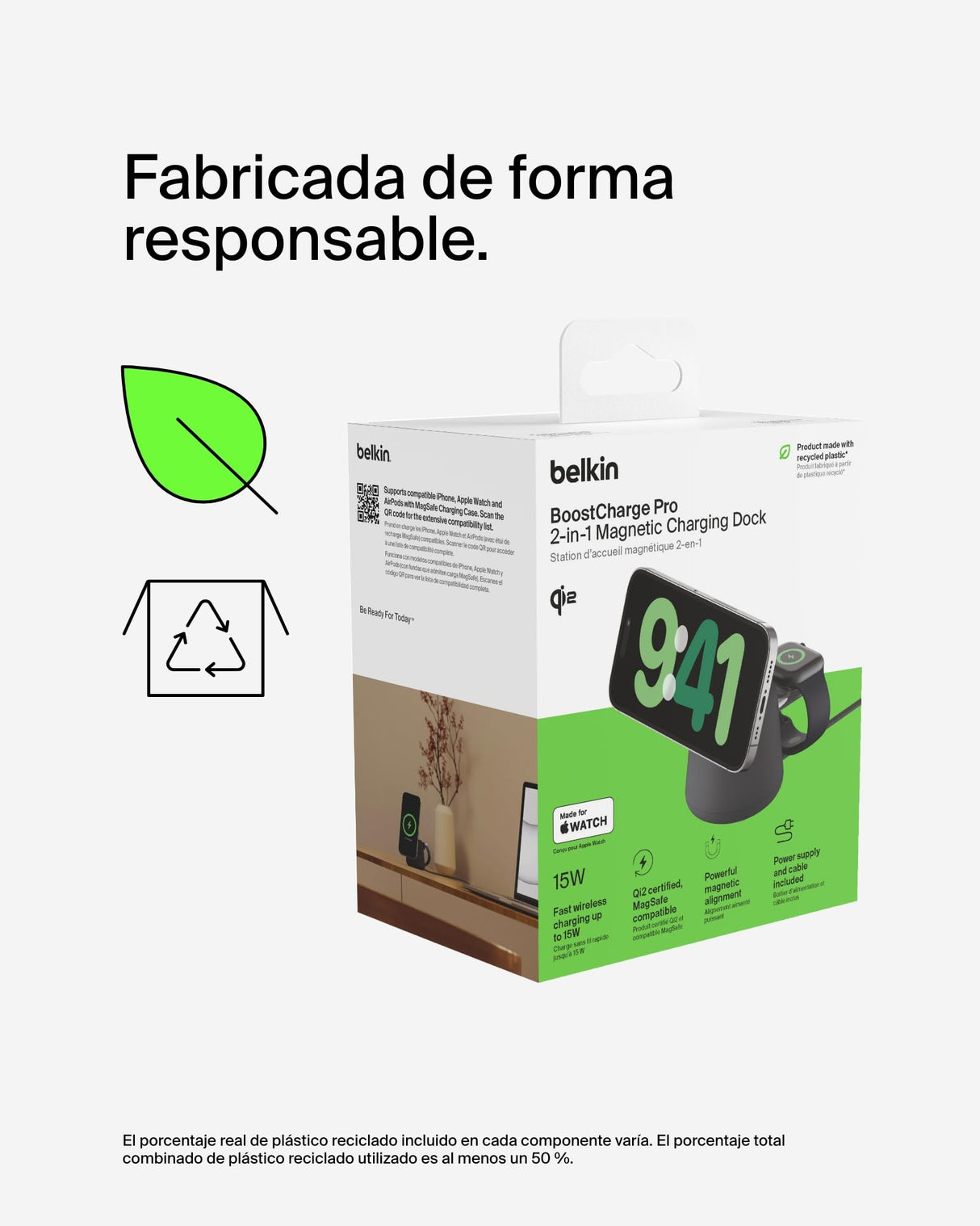 Belkin BoostCharge Pro Cargador inalámbrico 2 en 1 con Qi2 de 15 W, estación de Carga con MagSafe para iPhone Series 16, 15, 14, 13 y 12, Apple Watch, AirPods y Otros, Fuente de alimentación, Negro
