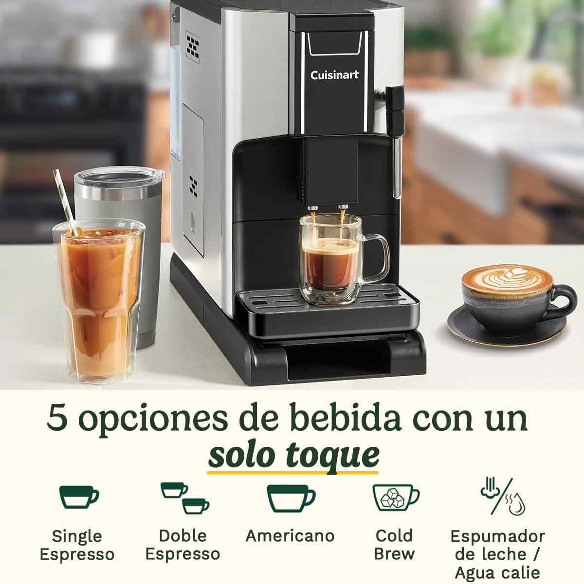 CUISINART Máquina de Café Automática;4 cafés con un toque: Espresso, Americano, Cold Brew;Espumador integrado;Grano a taza;Base ajustable;Botón de Favoritos, Gris