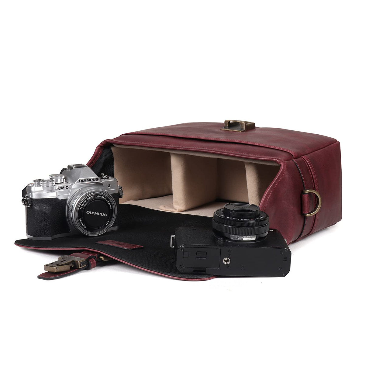 MegaGear Torres Mini Bolsa de mensajería de la cámara de Cuero Genuina para cámaras sin Espejo, instantáneas y DSLR - Maroon - Granate