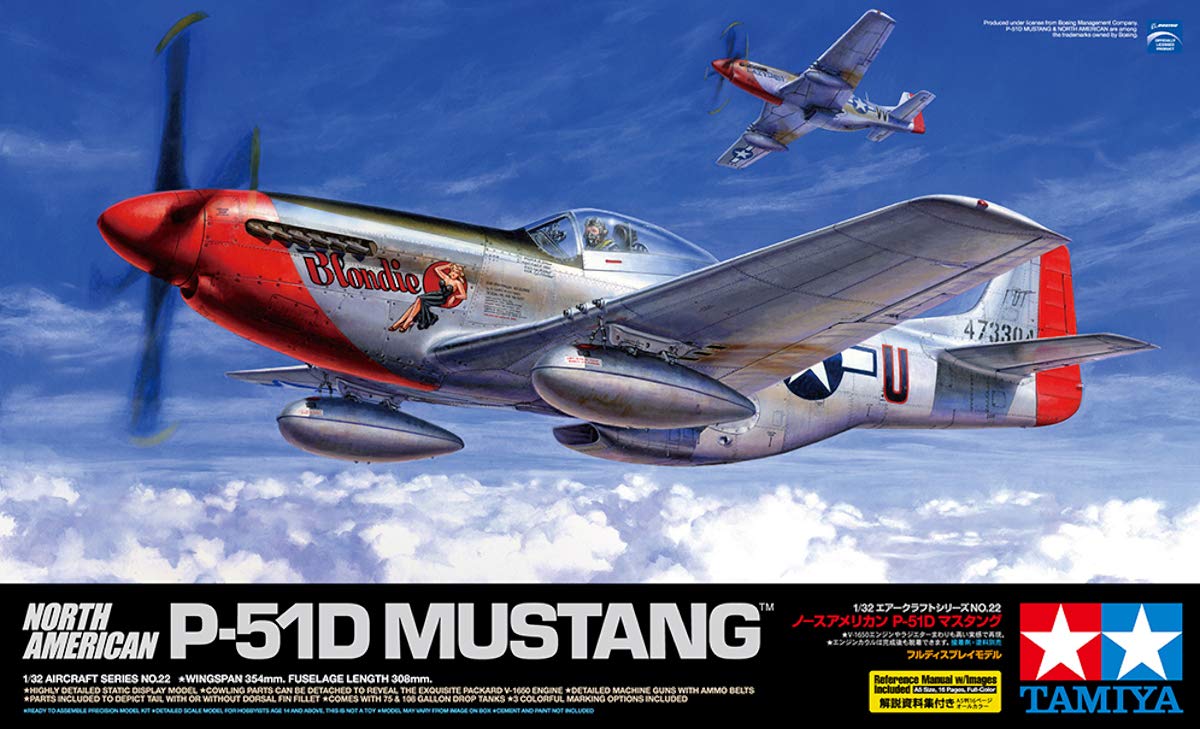Tamiya-1/32 North American P-51D Mustang Plastic Airplane Flugzeug Kit de Modelo, Color Gris Claro, 318mm Length (60322)