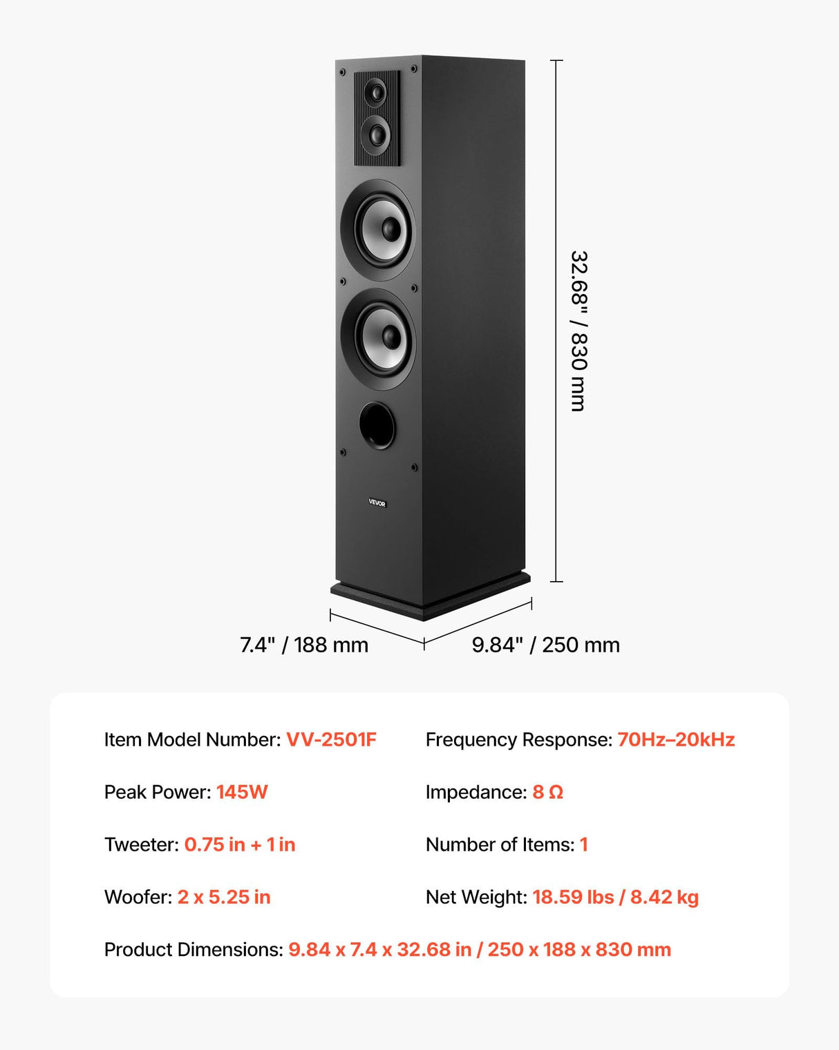 VEVOR Altavoz de Suelo de 3 Vías, con Tweeter de 1,91/2,54 cm, Dos Woofers de 13,34 cm, Potencia Máxima de 145 W, Respuesta de Frecuencia de 70 Hz a 20 kHz, Carcasa de MDF, para Audio Doméstico