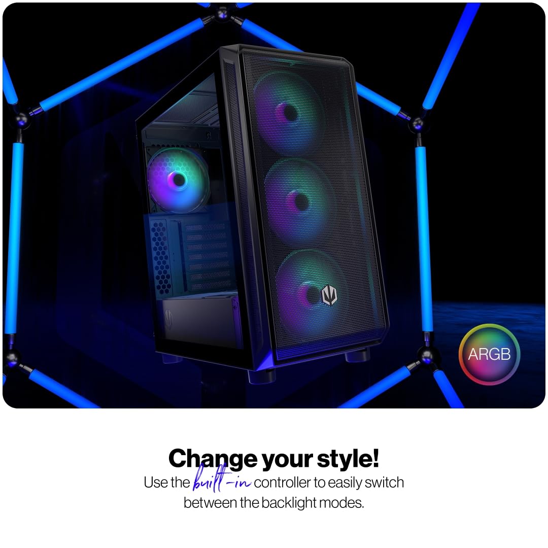 ENDORFY Arx 500 ARGB, Caja PC ATX, 4x140-mm-ARGB-Lüfter im Lieferumfang enthalten, Seitenwand aus gehärtetem Glas, hohe Kompatibilität mit Verschiedenen PC-Komponenten, EY2A011