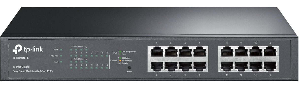 TP-Link TL-SG1016PE Gigabit PoE Switch de 16 Puertos (Smart Smart Managed, 110W 8-PoE Puertos, Plus no Gestionado, Plug and Play, Escritorio, Montaje en Bastidor, Metal, Vida útil)