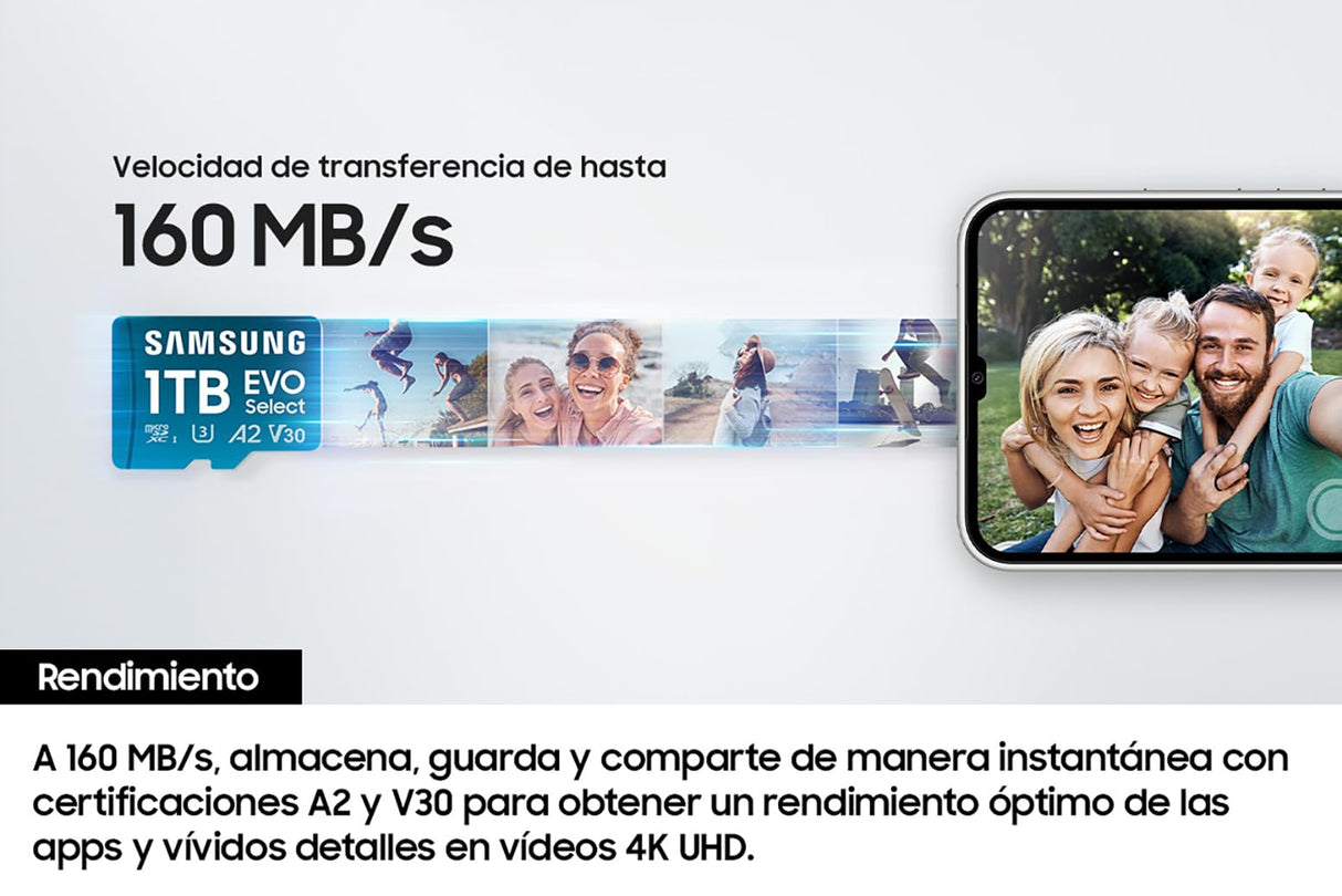 Samsung - Tarjeta MicroSD EVO Select 2023 (1 TB, Velocidad de Lectura, 160 MB/s y 120 MB/S de Escritura