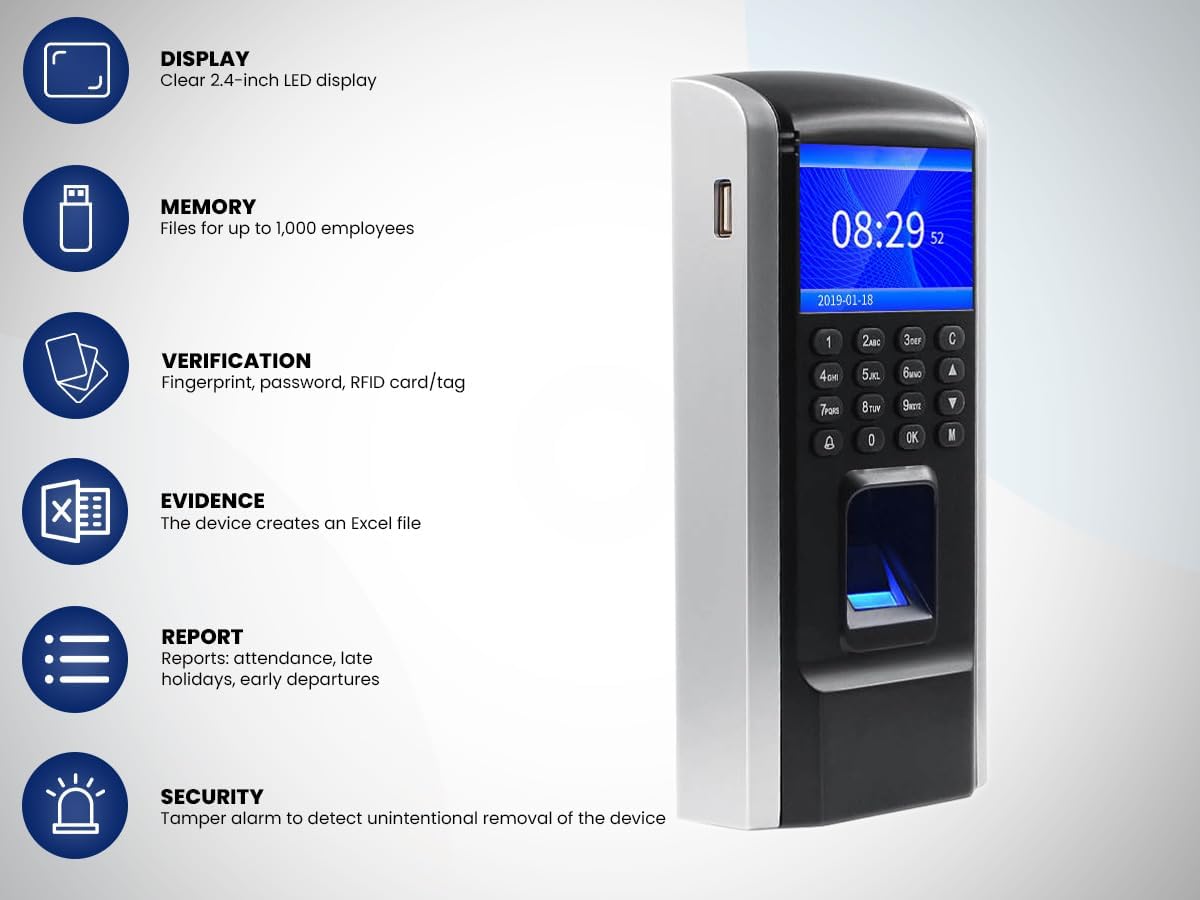 HDWR CTR12 Máquina Fichar de Asistencia Biométrica, Grabadora de Registro para Empleados, Sistema Biométrico Avanzado de Huella Dactilar, Contraseña y Tarjeta RFID 125kHz, Control Horario Empleados