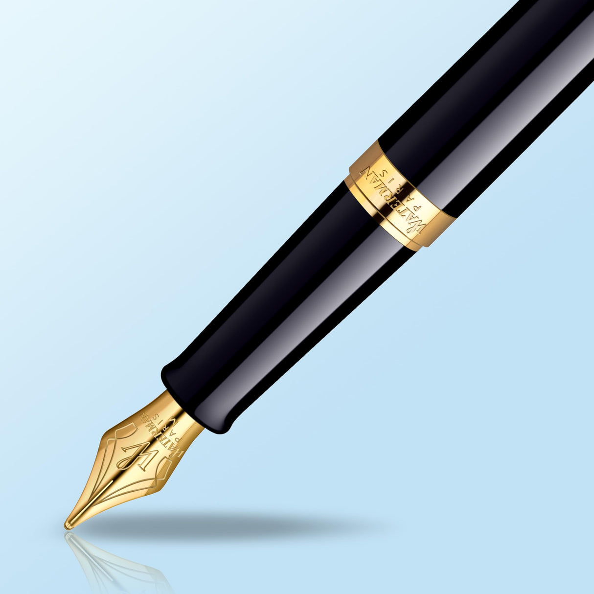 Waterman Hémisphère pluma estilográfica | color negro brillante con adorno de oro de 23 quilates | plumín mediano con cartucho de tinta azul | estuche de regalo