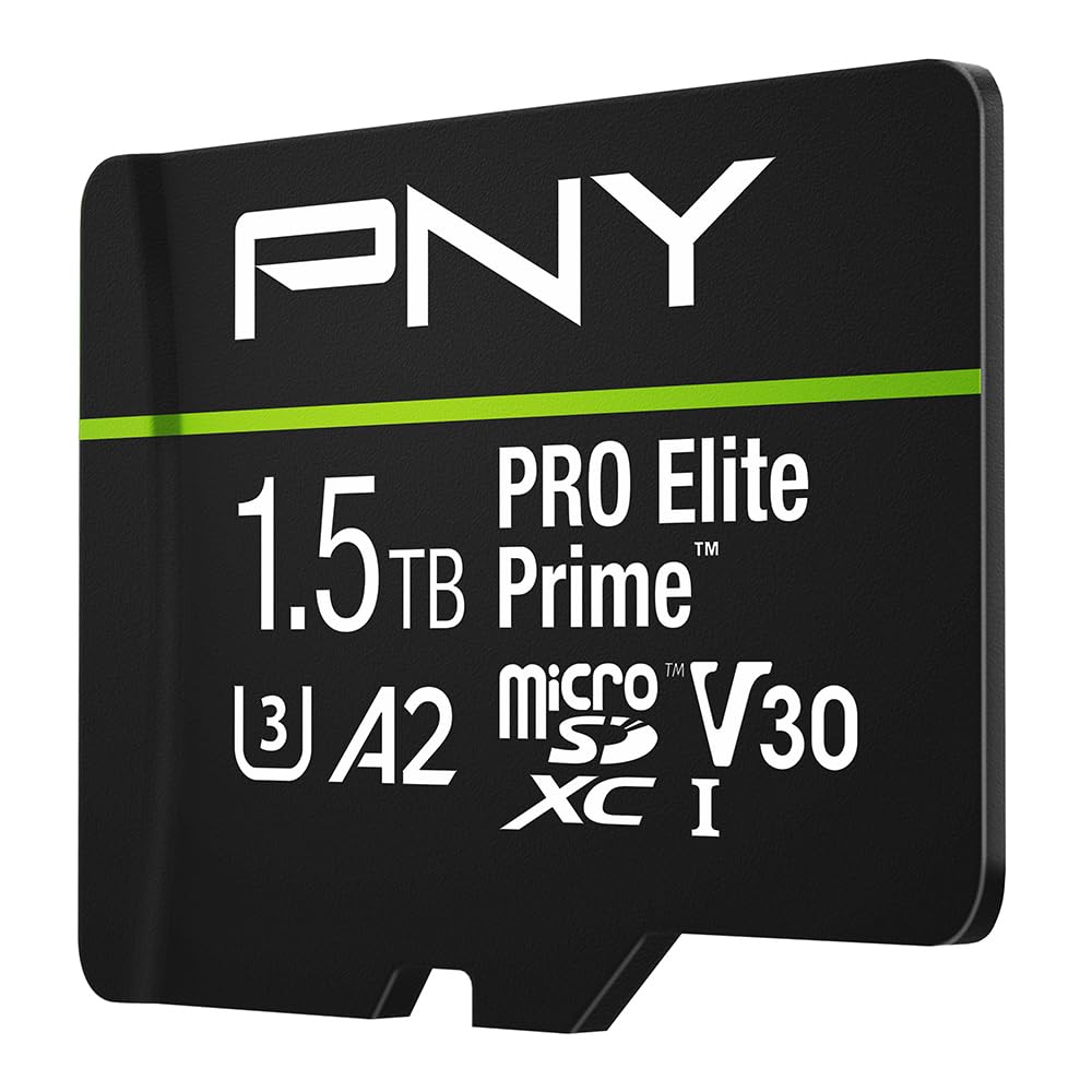PNY Tarjeta microSD 1.5TB Pro Elite Prime Class 10 U3 V30 A2 + Adaptador SD - hasta 200MB/s, Class 10, U3, V30, A2, 4K UHD, Full HD, UHS-I