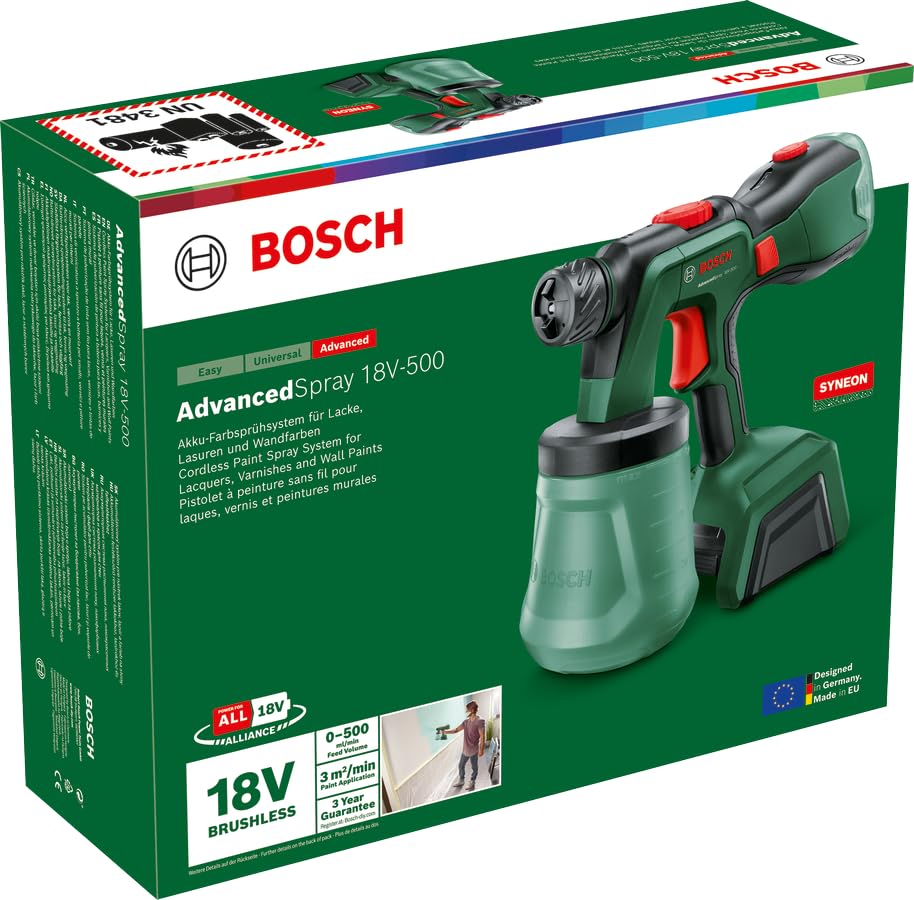 Bosch pulverizador pintura con batería AdvancedSpray 18V-500 (pintura de látex/emulsión, barniz, laca; 3 m²/min; 2 depósitos 1200 ml; cargador, batería 4 Ah)