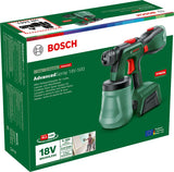Bosch pulverizador pintura con batería AdvancedSpray 18V-500 (pintura de látex/emulsión, barniz, laca; 3 m²/min; 2 depósitos 1200 ml; cargador, batería 4 Ah)