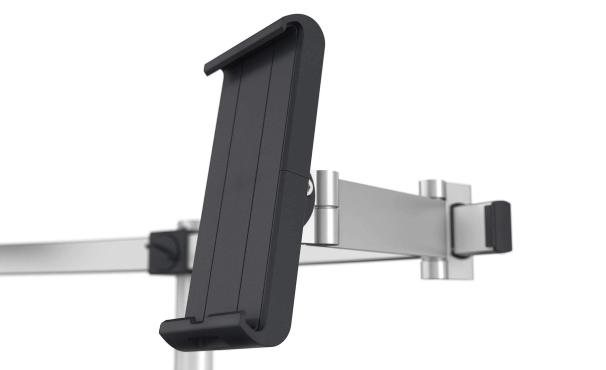 Durable Soporte de mesa Pro para 1 monitor de 21-27" y 1 tableta de 7-13", con paso de mesa, giratorio en 360°, inclinable, ajustable en altura, 508823, plata