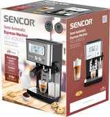 SENCOR - Cafetera espresso con espumador y depósito de leche, pantalla LCD, bomba italiana de 15 bares, Precalentamiento rápido, Thermoblock, Barista Express, Café en polvo o en cápsulas [4090SS]