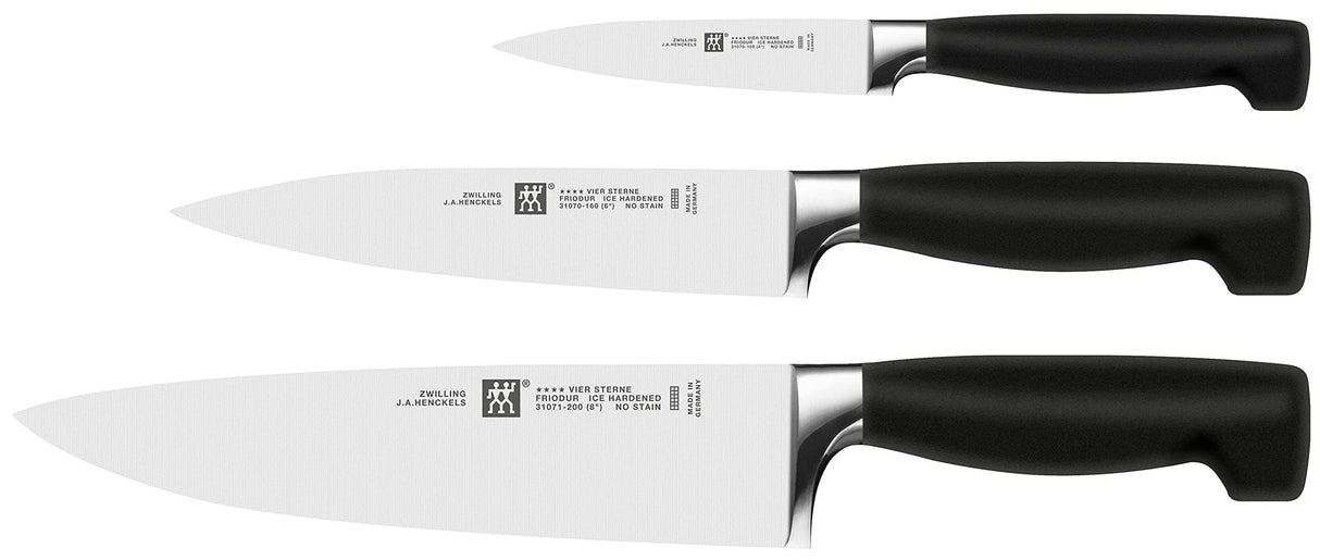 ZWILLING Juego de cuchillos, 3 piezas, Cuchillo para mechar y adornar, Cuchillo para carne, Cuchillo de chef, Mango especial de acero inoxidable/plástico, Four Star