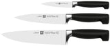 ZWILLING Juego de cuchillos, 3 piezas, Cuchillo para mechar y adornar, Cuchillo para carne, Cuchillo de chef, Mango especial de acero inoxidable/plástico, Four Star