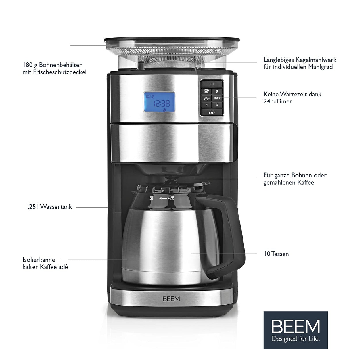 BEEM FRESH-AROMA-PERFECT II Cafetera de filtro con molinillo - Térmica | Acero inoxidable | Jarra térmica | Temporizador 24h | 1000 W | Recipiente para granos de 180 g
