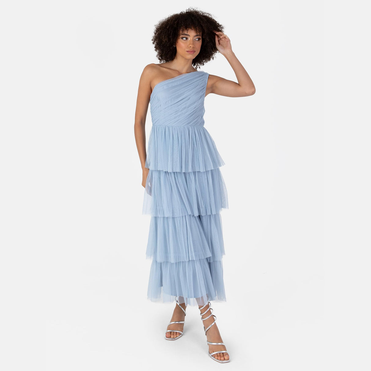 Anaya with Love Women's Midaxi Dress Ladies One Shoulder Sleeveless Tiered Skirt for Wedding Guest Bridesmaid Evening Occasion Ball Gown Vestido, Soft Blue, 46 De Las Mujeres