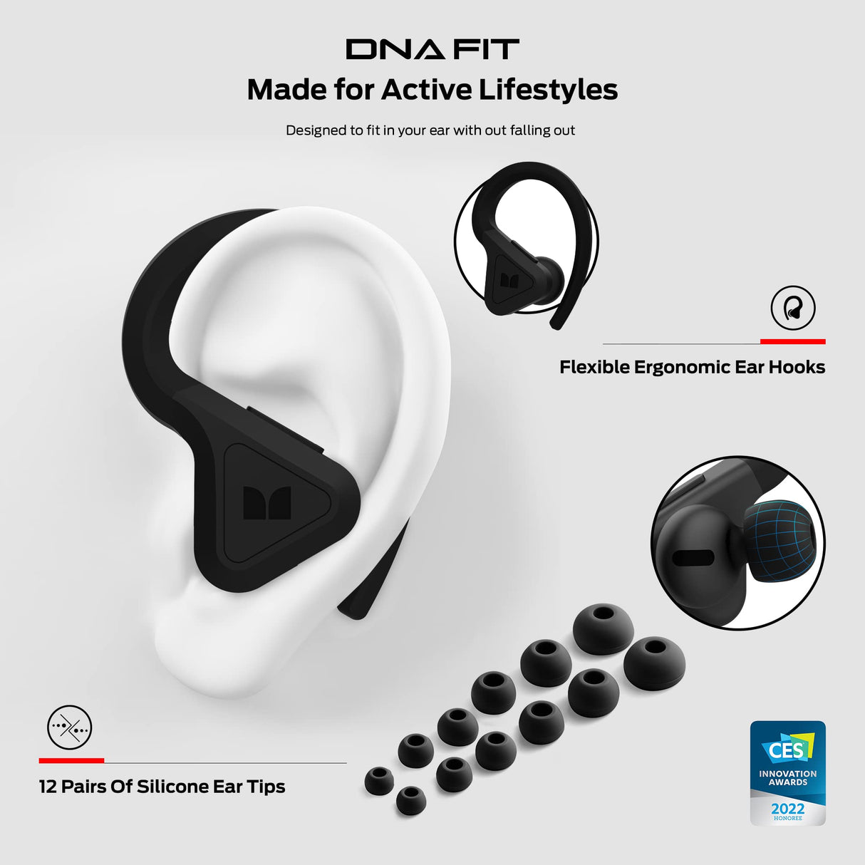 Monster DNA Fit - Auriculares inalámbricos con Arco - Auriculares Bluetooth intraurales - Reductores de Ruido - Resistentes al Agua - Ergonómicos - Negro