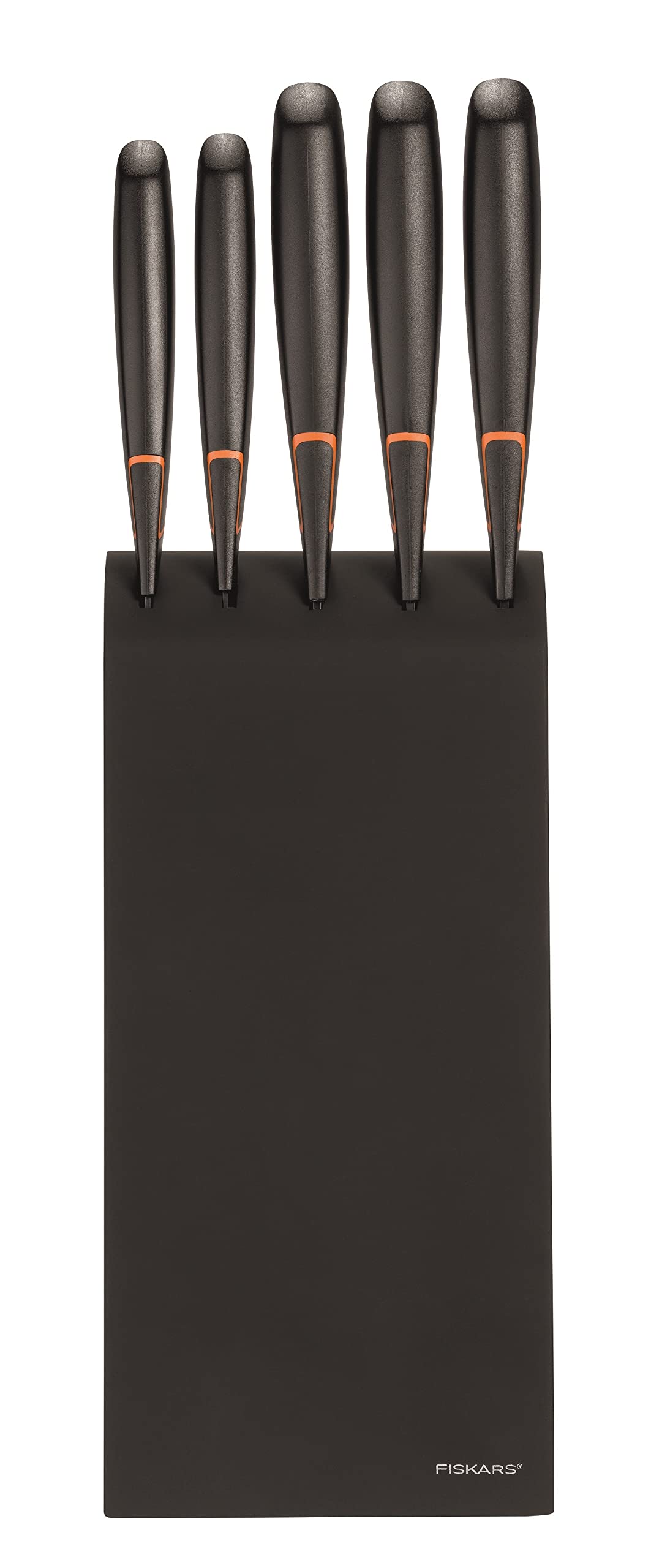 Fiskars Bloque de cuchillos con 5 cuchillos, Ancho: 15,5 cm, Alto: 37 cm, Madera de abedul, Negro, Edge, 1003099