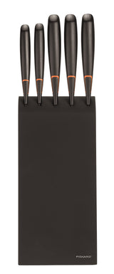 Fiskars Bloque de cuchillos con 5 cuchillos, Ancho: 15,5 cm, Alto: 37 cm, Madera de abedul, Negro, Edge, 1003099