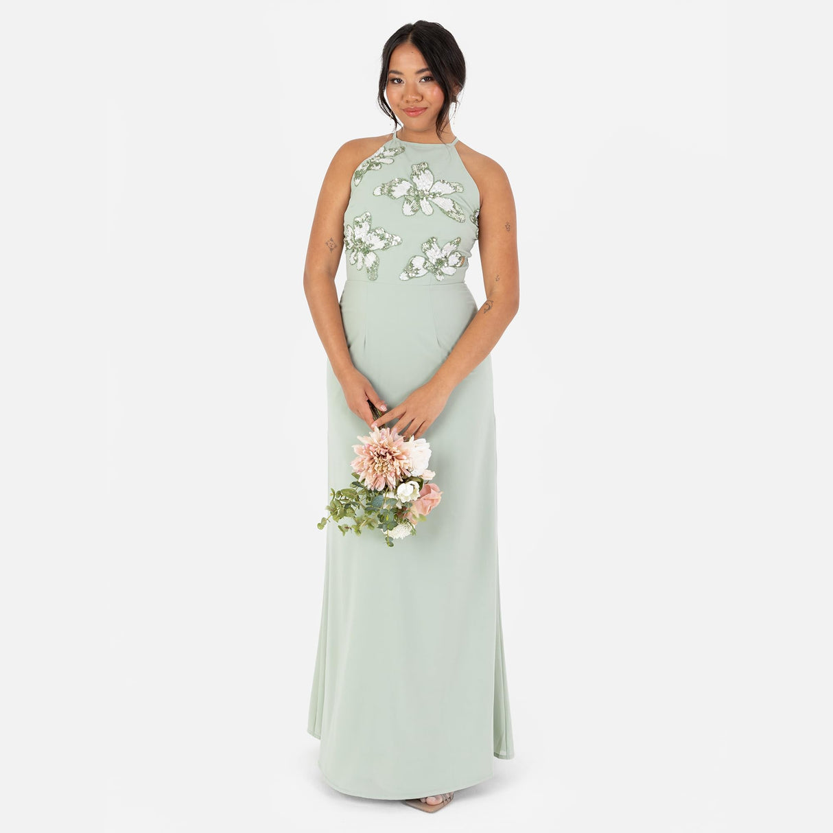 Maya Deluxe Women's Maxi Dress Ladies Sleeveless Halterneck Floral Sequin Embellished A-Line for Wedding Guest Evening Ball Gown Vestido, Green Lily, 38 para Mujer