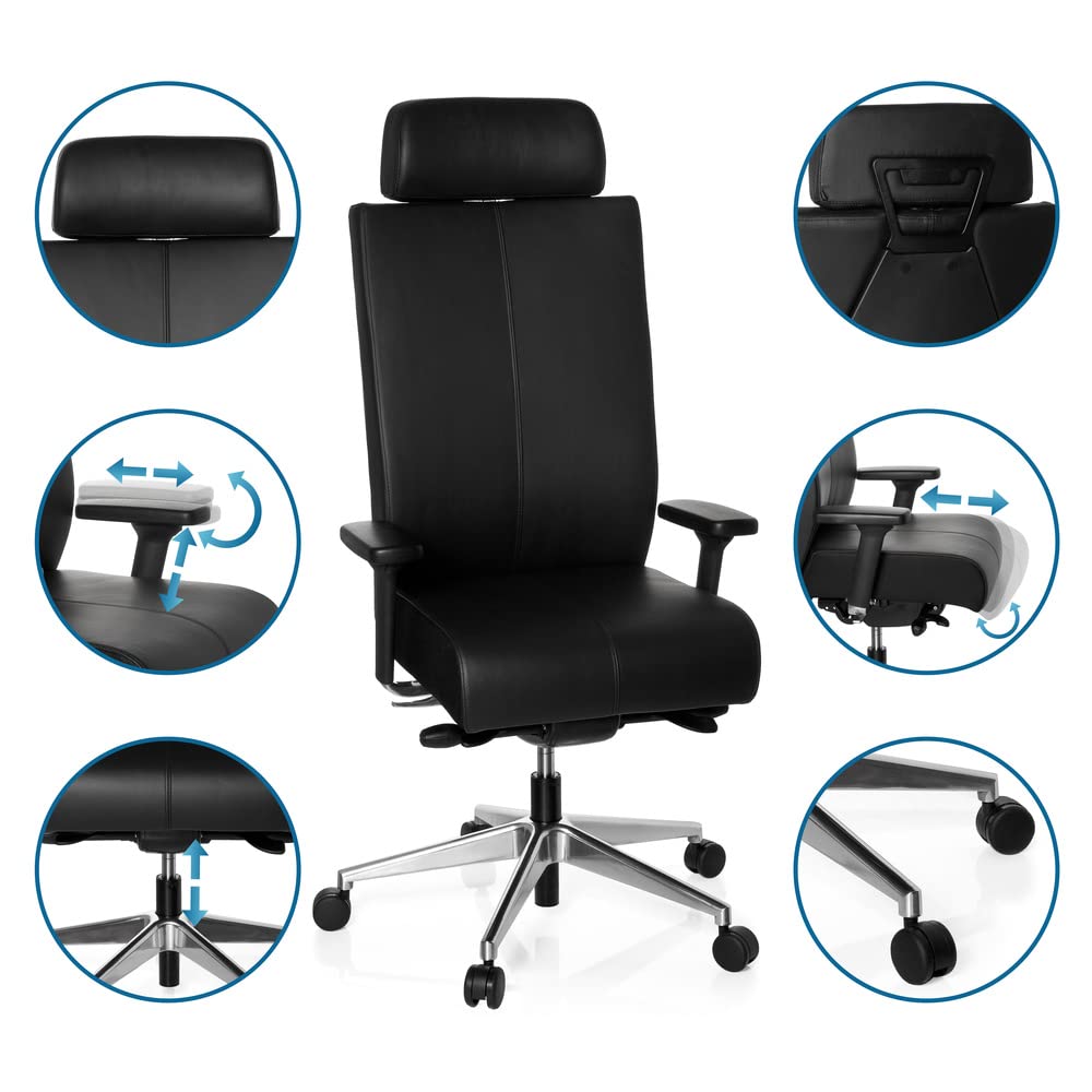 hjh OFFICE 608600 Silla de Oficina Pro-Tec XXL Cuero Negro, Silla giratoria, para Personas Altas, cargable hasta 150 kg