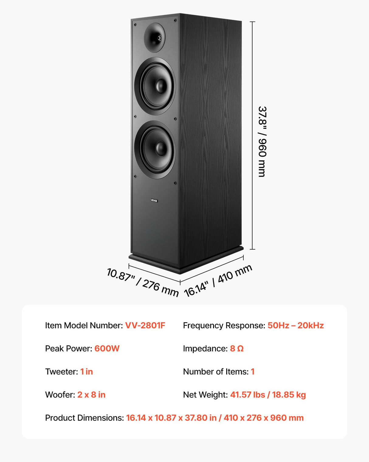 VEVOR Altavoz de Suelo de 2 Vías, con Tweeter de 2,54 cm y Dos Woofers de 20,32 cm, Potencia Máxima de 600 W, Respuesta de Frecuencia de 50 Hz a 20 kHz, Carcasa de MDF, para Audio Doméstico