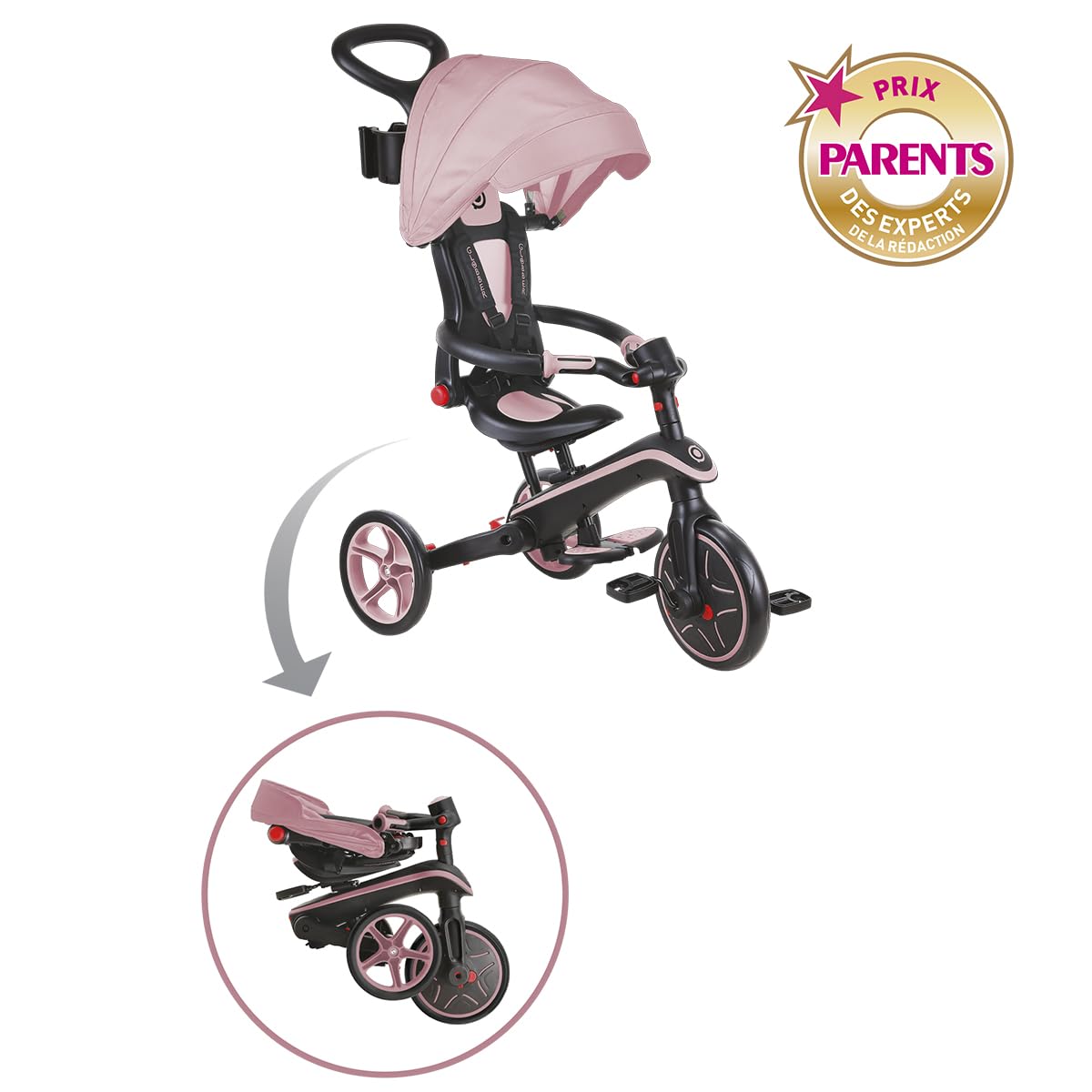 Globber Tricycle Explorer 4 en 1 - Triciclo Plegable y escalable en draisiana para niños de 10 Meses a 5 años - Pastel Rose