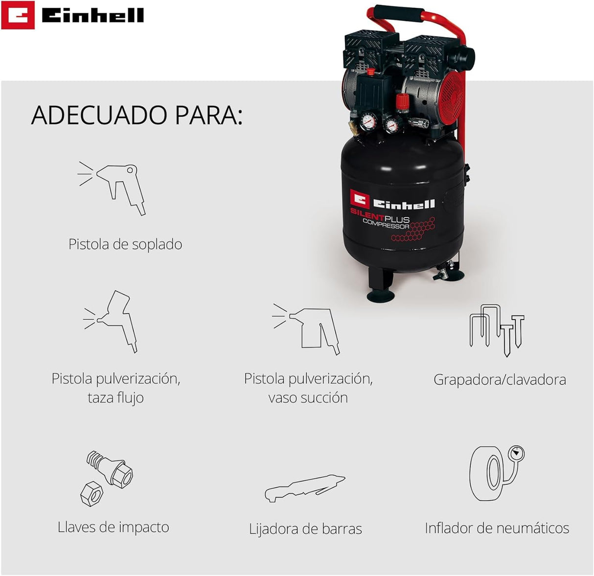 Einhell Compresor TE-AC 24 Silent (compresor silencioso con 750 W, máx. 8 bar, motor exento de aceite y servicio, depósito de 24 l, manómetro y acoplamiento rápido, válvula de seguridad)