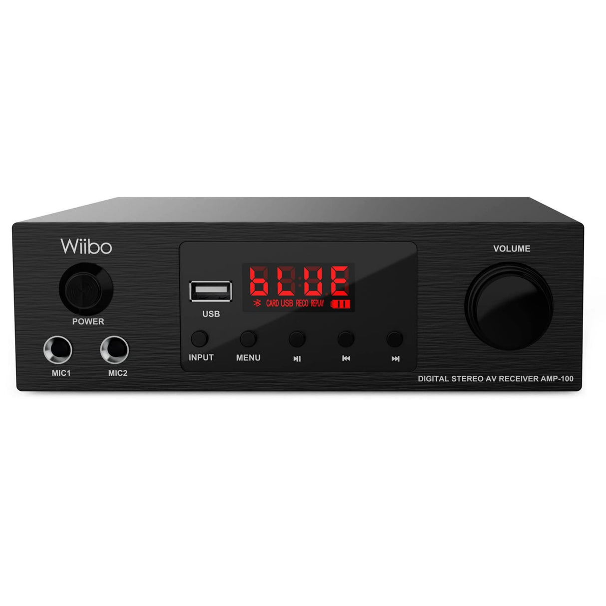 Wiibo AMP 100 - Amplificador HiFi - Conexión Bluetooth - Entrada USB - Respuesta Lineal - Potencia 50W + 50W - 2 Entradas de Micrófono - Pantalla LED - Mando a Distancia - Equipo de Sonido
