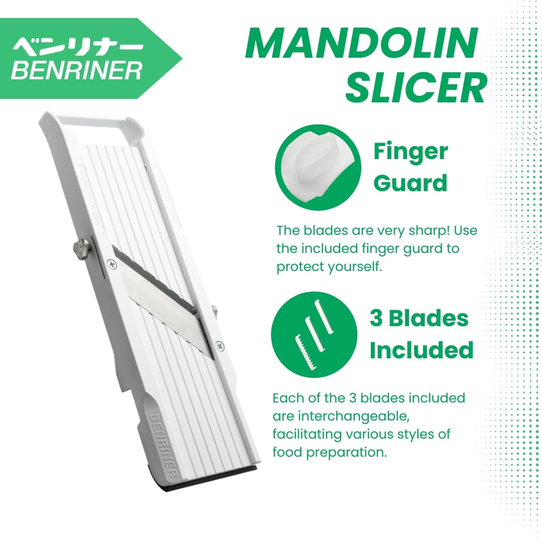 Benriner BN-64W-1 Mandolina Cortadora Para Verduras, Plástico ABS, 3 Cuchillas Intercambiables, Blanca, Clásica