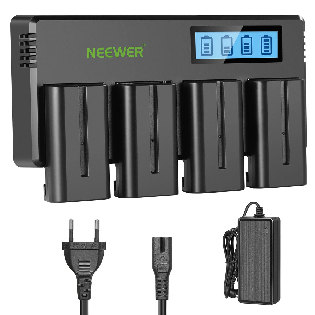 NEEWER 4 Pack Baterías de Repuesto NP-F550 de 7,4V 2600mAh con 4 Canales Cargador de Batería y Adaptador de Energía Compatible con NP-F550/750/770/970 FM500H QM71D QM91D Monitor de Campo Luz de Video