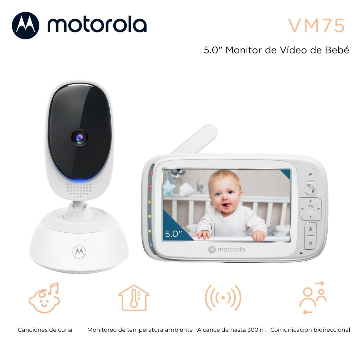 Motorola Nursery VM75 Camara Vigilancia Bebe - Vigilabebes con Unidad de Padres de 5 Pulgadas - Cámara de Bebé con Visión Nocturna, Zoom Digital, Comunicación Bidireccional y Canciones de Cuna