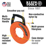 KLEIN TOOLS 56383 Cinta de pescado, extractor de alambre de fibra de vidrio multiranura con punta de nailon, carcasa y mango optimizados, 100 pies, naranja/negro