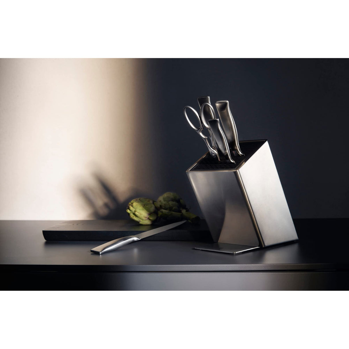 WMF Grand Gourmet - Juego 6 Piezas, 4 Cuchillos con Hoja Insertada de Acero Templado Completamente Forjado y Tijeras Multiusos con Soporte FlexTec de Acero Inoxidable