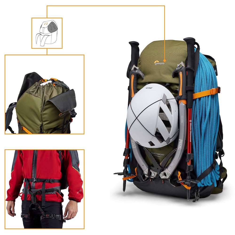 Lowepro Mochila PhotoSport X 45L AW con Tejidos Reciclados, Cámara Reflex y Mirrorless, Acceso Trasero, Compartimento Extraíble para Cámara, Características para Montaje, Talla M/L, Gris Oscuro/Verde