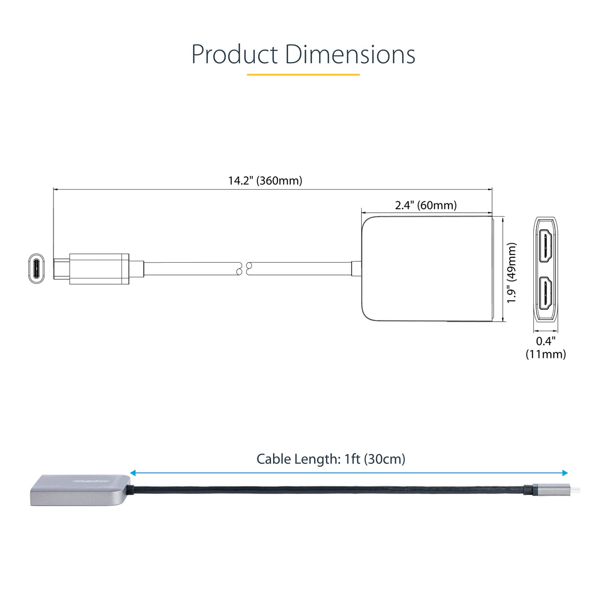 StarTech.com Adaptador USB-C a HDMI Doble, Hub MST USB Tipo C, Divisor Extensor de Monitor HDMI 4K 60Hz, HDR, Cable Extra Largo, Solamente para Windows (MST14CD122HD)